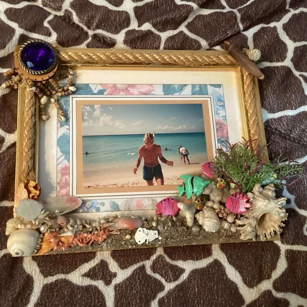 Island inspired handmade picture 3D frame fish, coral, shells and bling